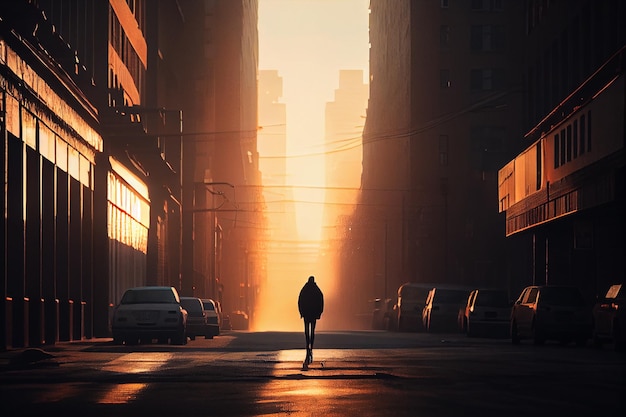 Силуэт человека, идущего на закате по городской улице AI Generate