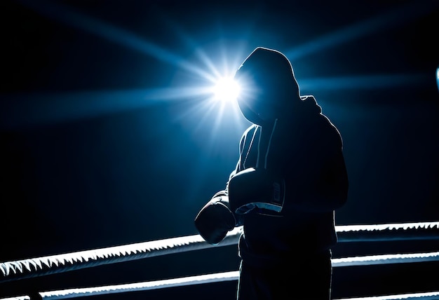 Silhouette of a person wearing a hoodie and boxing gloves standing in a boxing ring