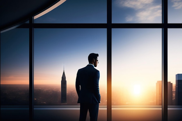 silhouette of a person in the window Businessman CEO Executive Office Building Corporate Archit