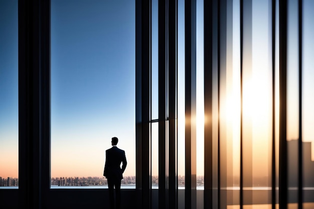 silhouette of a person in the window Businessman CEO Executive Office Building Corporate Archit