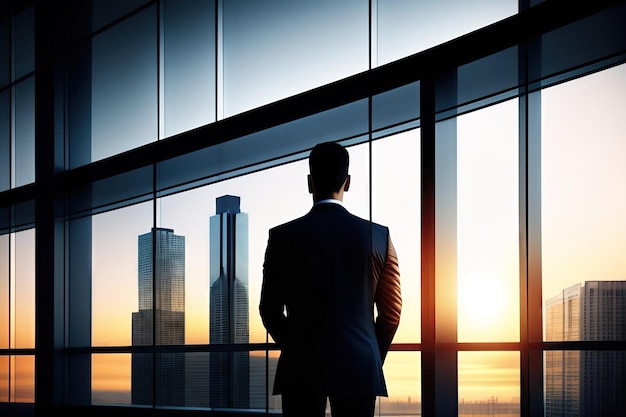 silhouette of a person in the window Businessman CEO Executive Office Building Corporate Archit