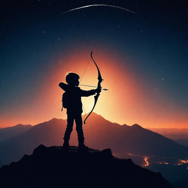 Photo a silhouette of a person with a bow and arrow pointing at the sky