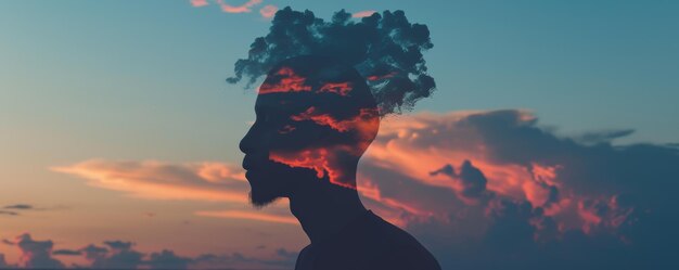 Foto silhouette di una persona con il cielo pieno di nuvole come testa