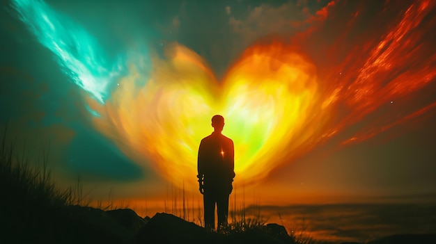 Silhouette of a person with a colorful heartshaped aurora in the background