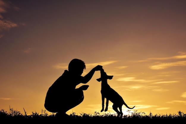 夕暮れの犬と一緒にいるシルエットの人