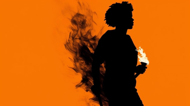 A silhouette of a person with a fire in the background