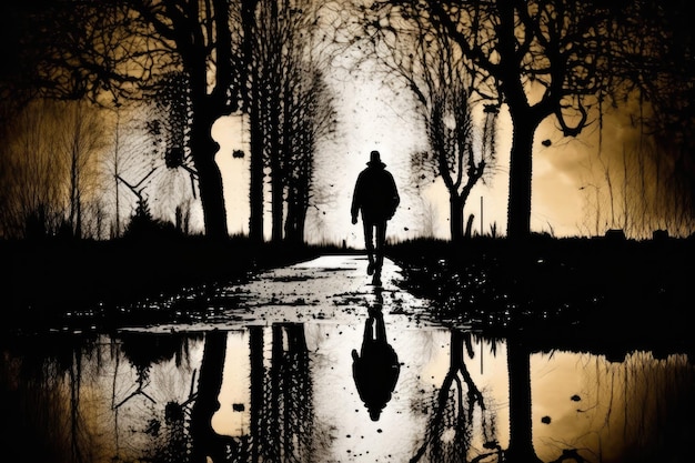 Silhouette of person with puddle reflection walking in park