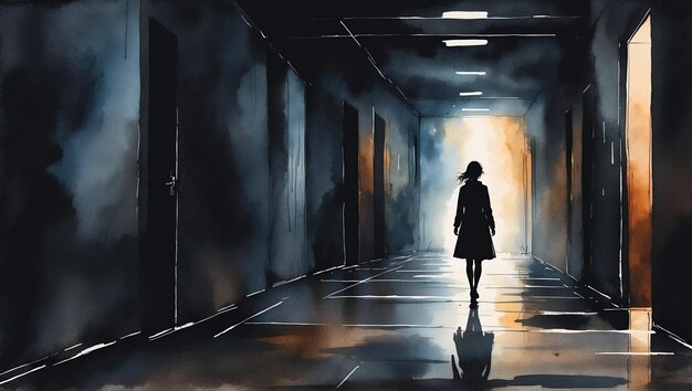 Silhouette of a person a women walking on dark hallway Watercolor drawing illustration