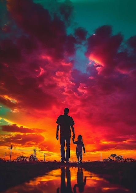 Silhouette photo of a father and son walking hand in hand against a sunset background AI