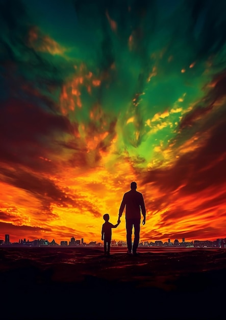 Silhouette photo of a father and son walking hand in hand against a sunset background AI