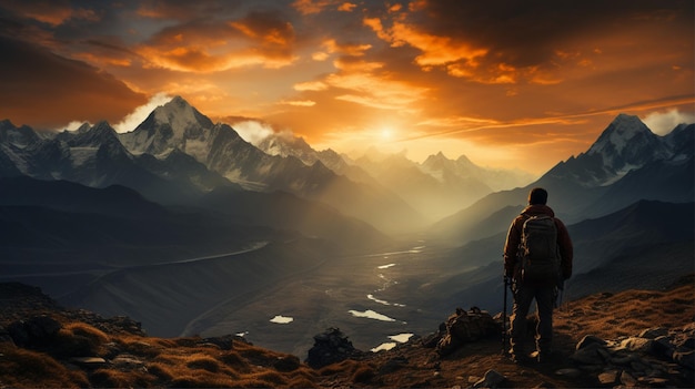 Silhouette of a photographer taking a picture with a mountain in the background