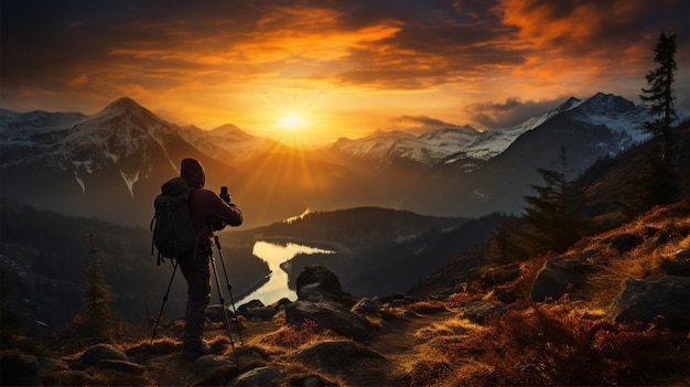 Silhouette of a photographer taking a picture with a mountain in the background