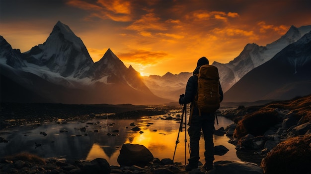 Силуэт фотографа, делающего снимок с горой на заднем плане