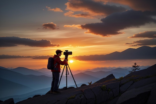 Silhouette of a photographer who shoots a sunset in the mountains