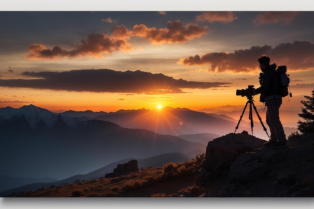 Silhouette of a photographer who shoots a sunset in the mountains