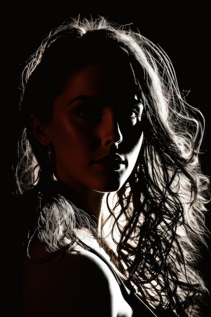 Silhouette photography beautiful woman in the front of darkness generative AI