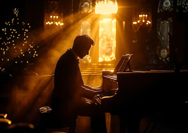 Silhouette of a pianist playing in a dimly lit room with ambient lighting a moment of passion and music AI