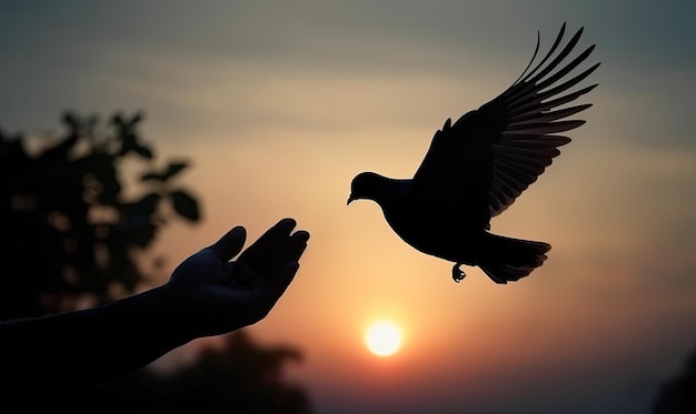Silhouette pigeon flying out of two hand and freedom concept and international day of peace generative AI