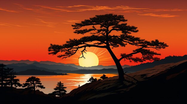 Photo silhouette of pine tree orange sunset sky