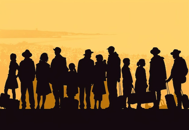 Foto silhouette di poveri immigrati e rifugiati isolati sullo sfondo