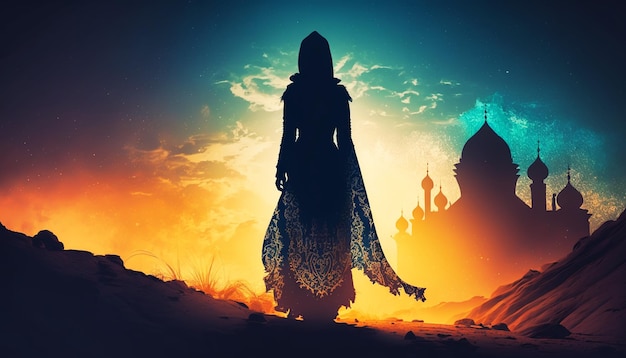 Silhouette of prayer girl and mosque in sunsetGenerative AI