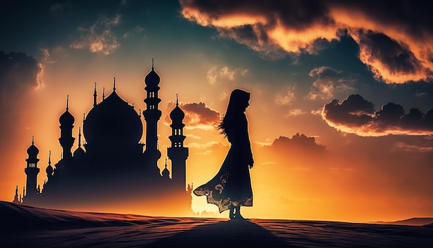 Силуэт молитвенной девушки и мечети на закатеГенеративный ИИ