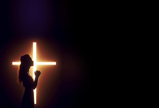 Silhouette of praying woman and cross