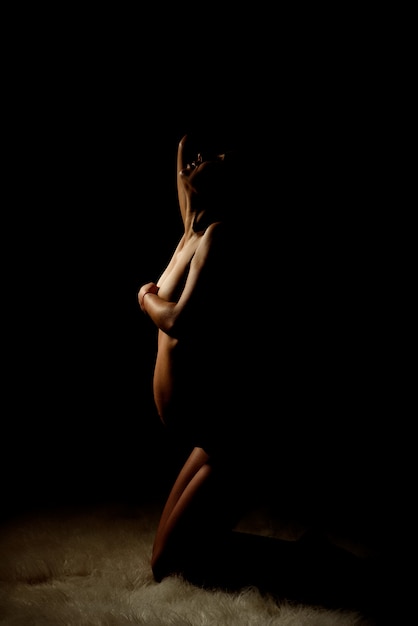 Silhouette of pregnant woman in the dark