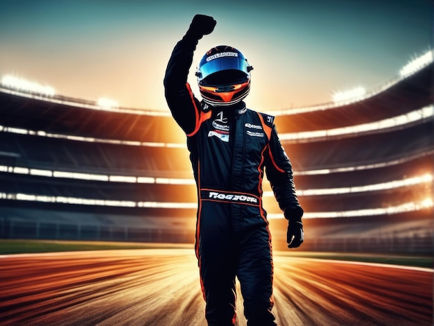 Photo silhouette of race car driver celebrating the win in a race against bright stadium lights