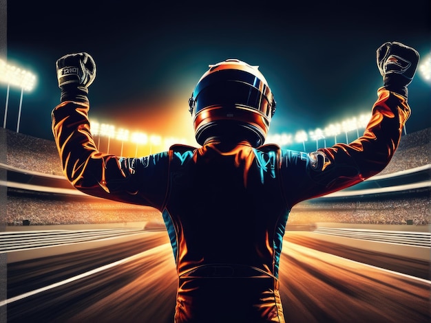 明るいスタジアムのライトを背景にレースでの勝利を祝うレーシングカーのドライバーのシルエット