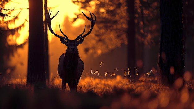 Silhouette of a red deer stag in the forest at sunset