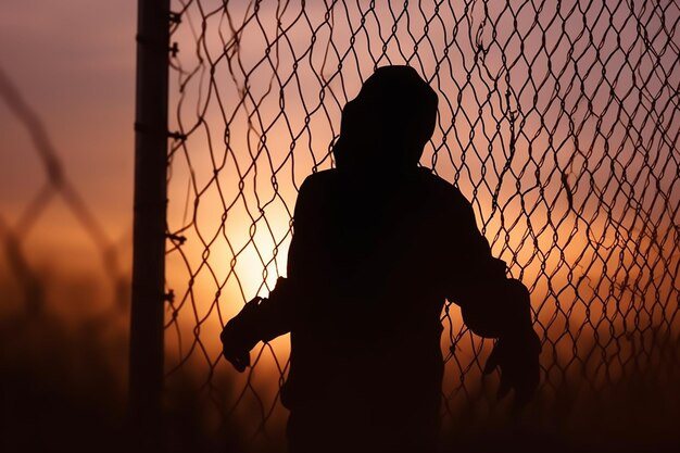 Photo silhouette of refugees people with barbed wire