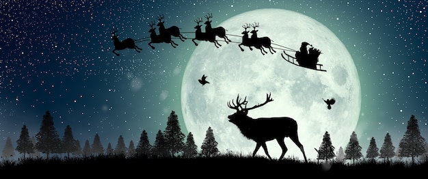 Silhouette of reindeer seeing Santa Claus flying on reindeer over the full moon at night Christmas