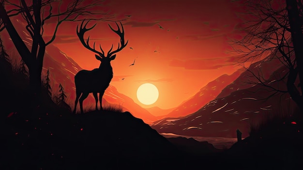 Silhouette of reindeer with grand antlers