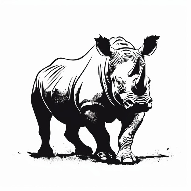 A silhouette rhino standing in the grass with its head down