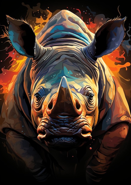 Силуэт головы носорога дизайн футболки 3D векторное искусство на черном фоне