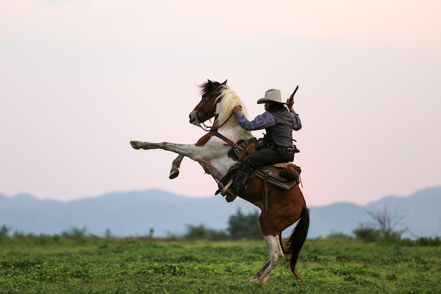 The silhouette of rider as cowboy outfit costume with a horses and a gun held in the hand against smoke and sunset background