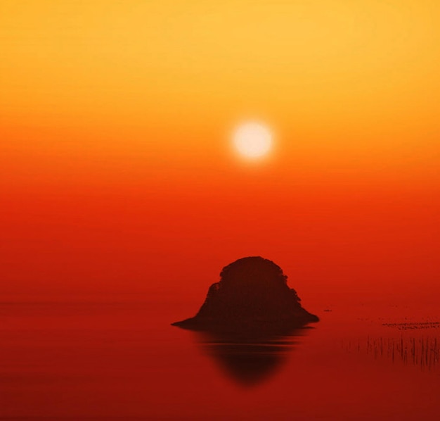 Silhouette rock in sea against romantic sky at sunset