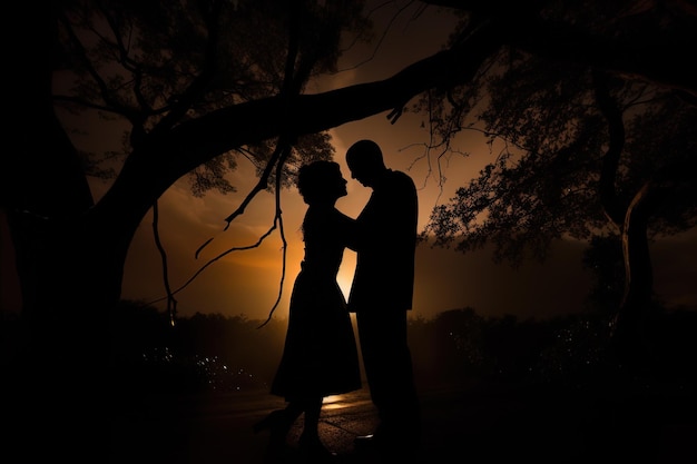 Silhouette of a romantic couple dancing and enjoying in the dark