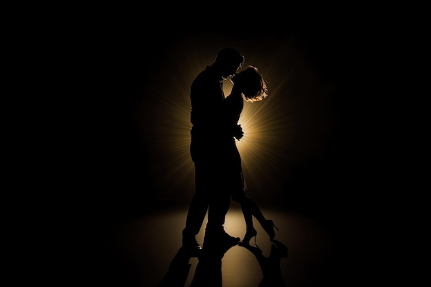 Silhouette of a romantic couple dancing and enjoying in the dark