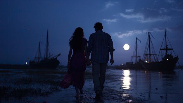 Silhouette of romantic couple holding at beach side