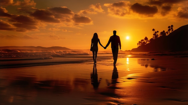 Silhouette of a romantic couple holding hands and walking on the beach at sunset