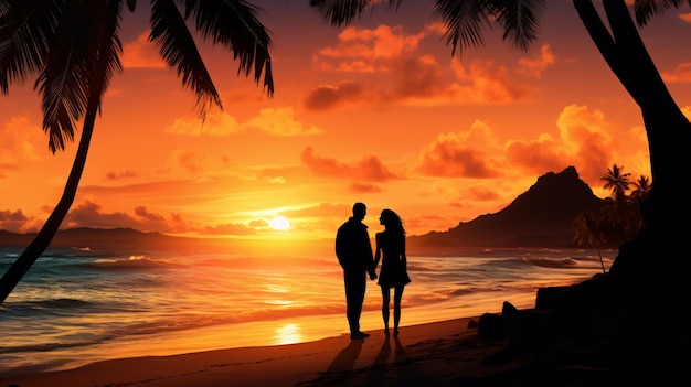 Silhouette of romantic couple on sunset beach tropic