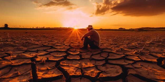 Foto silhouette sad man on crackle earth cambiamento climatico e concetto di riscaldamento globale ai generativo