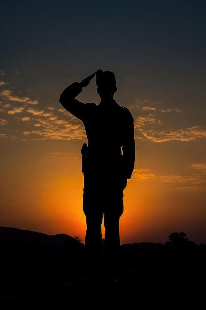 Silhouette of saluting soldier against sunset created with generative ai