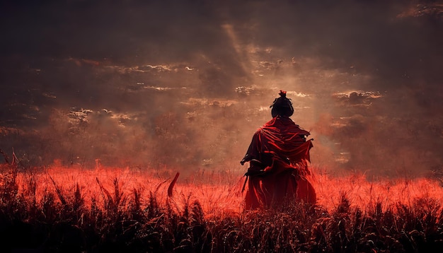 Силуэт самурая в поле красной 3D иллюстрации
