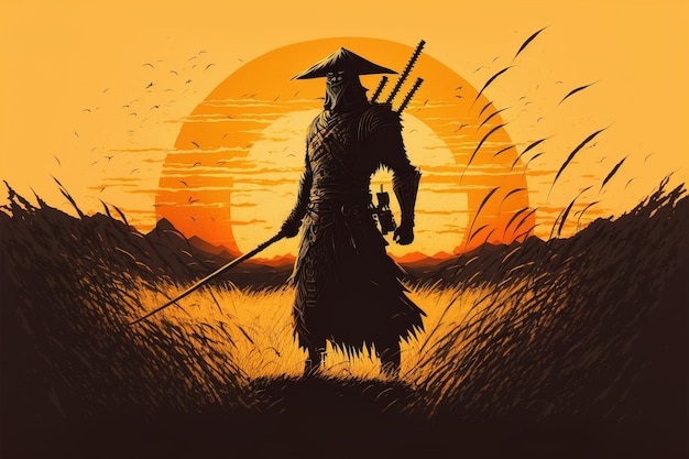 Силуэт самурая на закате посреди пшеничного поля