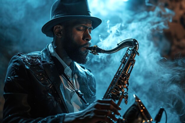 silhouette of a saxophonist against a dimly lit jazz club backdrop