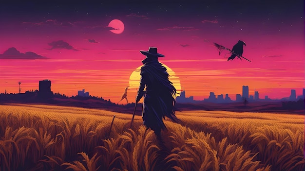 Silhouette of a scarecrow on the background of the sunset