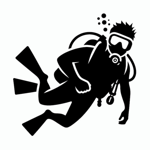 Photo silhouette scuba diver black and white vector illustration underwater scuba diving icon